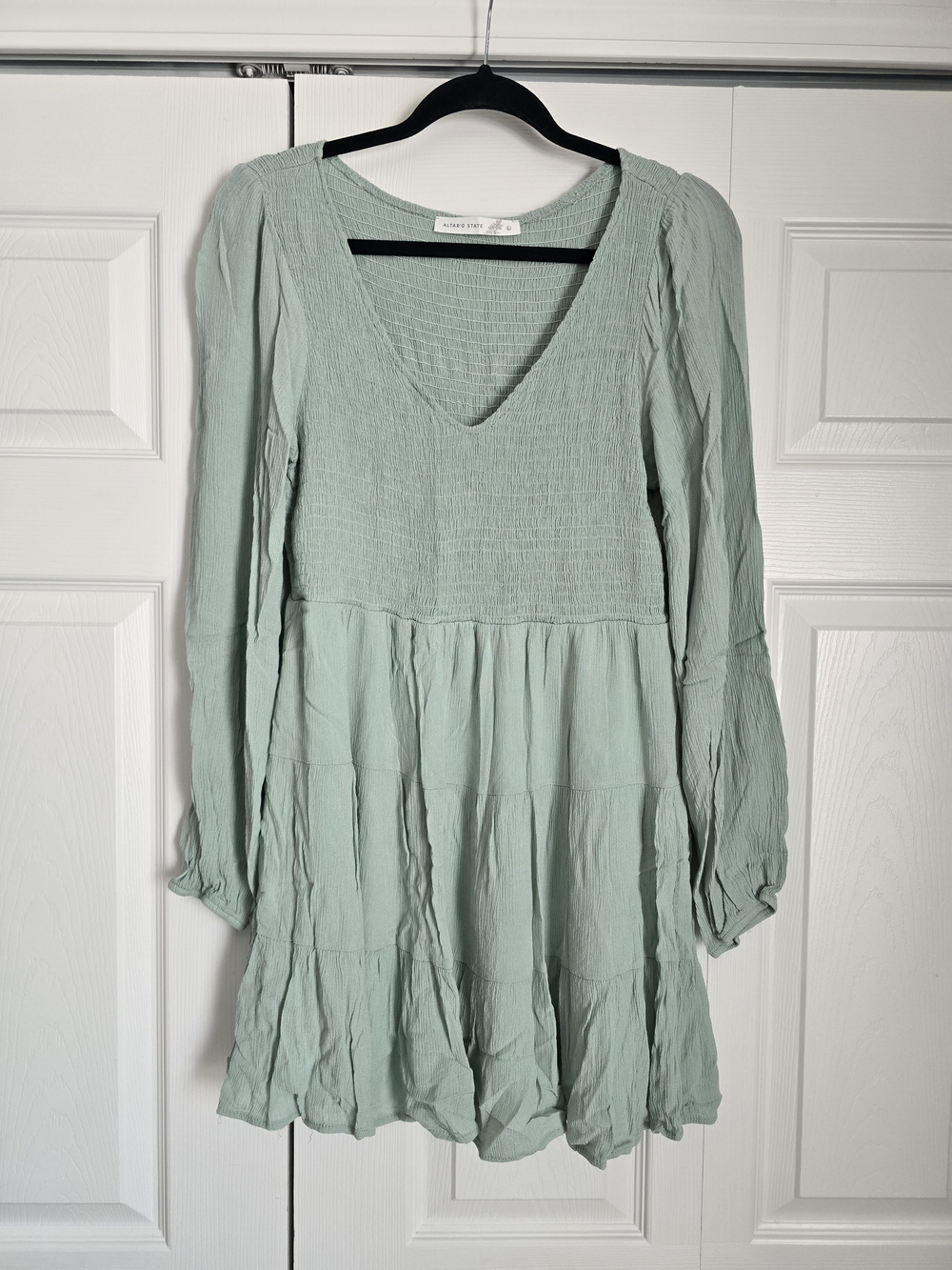 Altar'd State Sage Green Smocked V-Neck Tiered Mini Dress